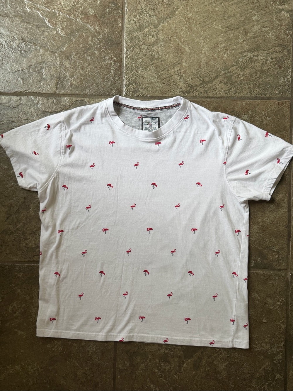 Men's Ping Pong White Tee with Dark Pink Flamingo Summer Preppy Print